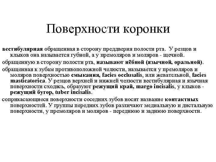 Поверхности коронки вестибулярная обращенная в сторону преддверия полости рта. У резцов и клыков она