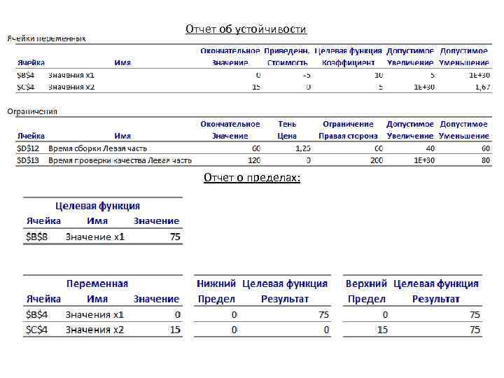 Отчет об устойчивости Отчет о пределах: 