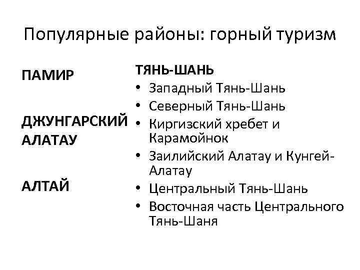 Популярные районы: горный туризм ТЯНЬ-ШАНЬ • Западный Тянь-Шань • Северный Тянь-Шань ДЖУНГАРСКИЙ • Киргизский