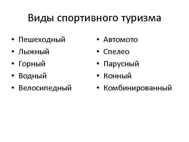 Виды спортивного туризма • • • Пешеходный Лыжный Горный Водный Велосипедный • • •