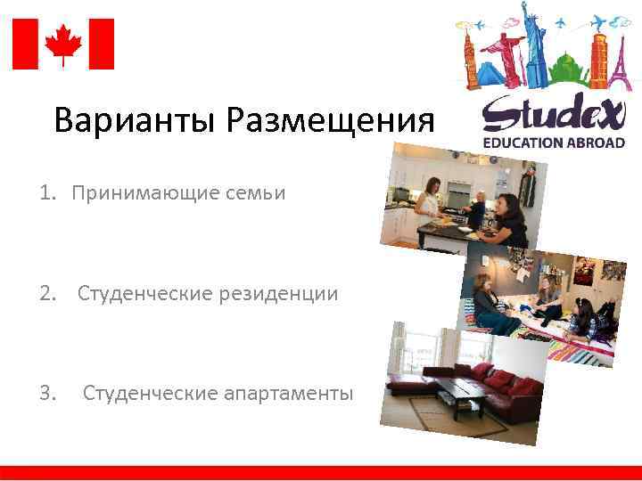 Варианты Размещения 1. Принимающие семьи 2. Студенческие резиденции 3. Студенческие апартаменты 