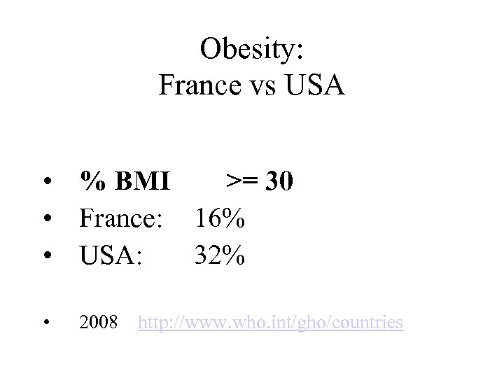 Obesity: France vs USA • % BMI >= 30 • France: 16% • USA: