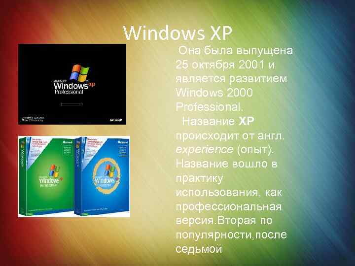 Windows XP Она была выпущена 25 октября 2001 и является развитием Windows 2000 Professional.