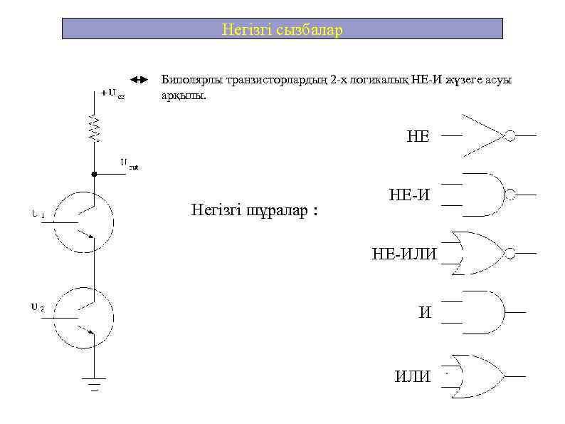 Негізгі сызбалар Биполярлы транзисторлардың 2 -х логикалық НЕ-И жүзеге асуы арқылы. НЕ Негізгі шұралар