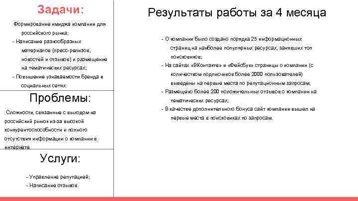 Задачи: Результаты работы за 4 месяца Формирование имиджа компании для российского рынка; - Написание