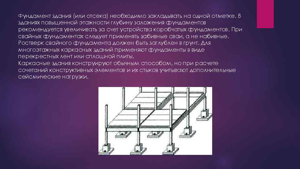 Фундамент здания (или отсека) необходимо закладывать на одной отметке. В зданиях повышенной этажности глубину