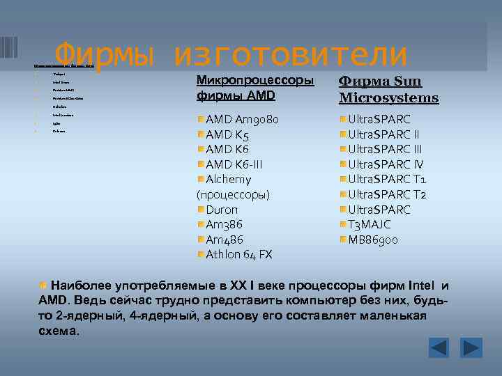 Фирмы изготовители Микропроцессоры фирмы Intel Tolapai Intel Timna Pentium MMX Pentium II Over. Drive