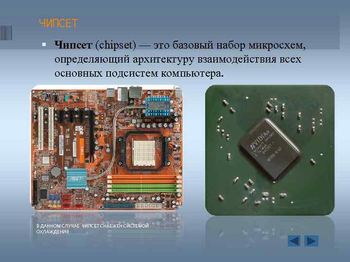ЧИПСЕТ Чипсет (chipset) — это базовый набор микросхем, определяющий архитектуру взаимодействия всех основных подсистем
