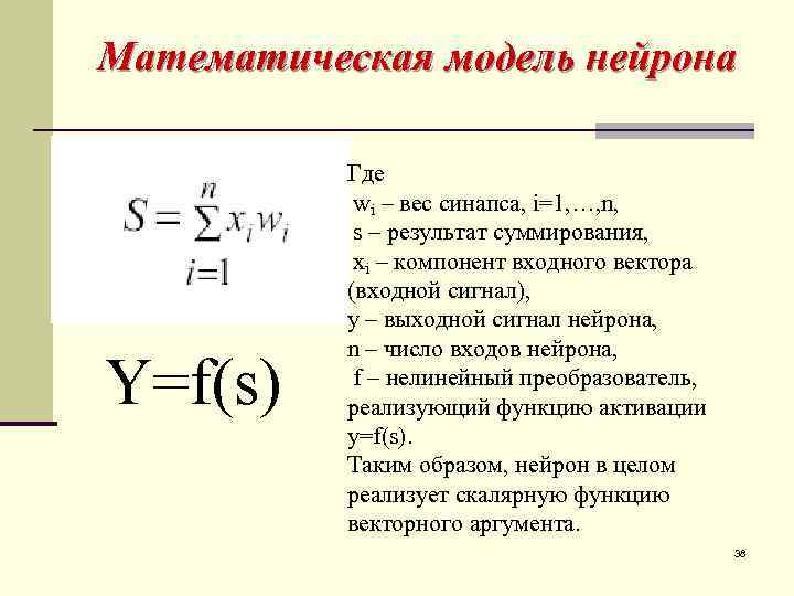 Математическая модель нейрона Y=f(s) Где wi – вес синапса, i=1, …, n, s –