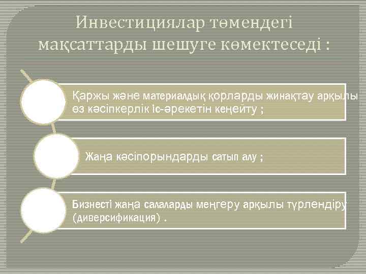 Инвестициялар төмендегі мақсаттарды шешуге көмектеседі : Қаржы және материалдық қорларды жинақтау арқылы өз кәсіпкерлік