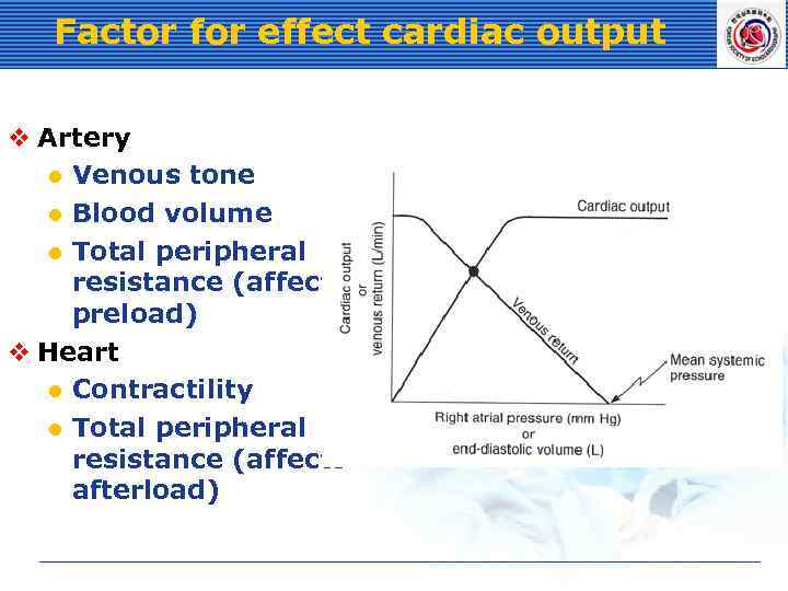 Factor for effect cardiac output v Artery l Venous tone l Blood volume l