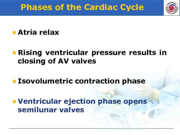 Phases of the Cardiac Cycle l Atria relax l Rising ventricular pressure results in