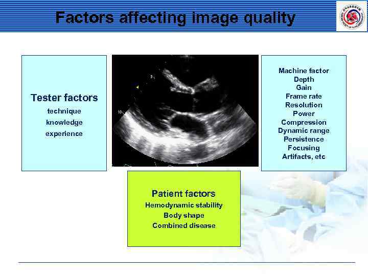 Factors affecting image quality Machine factor Depth Gain Frame rate Resolution Power Compression Dynamic