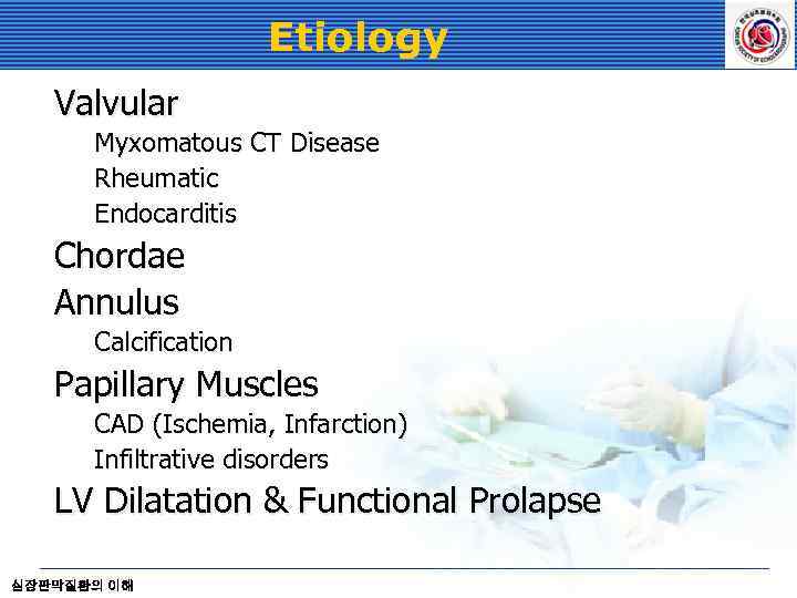 Etiology Valvular Myxomatous CT Disease Rheumatic Endocarditis Chordae Annulus Calcification Papillary Muscles CAD (Ischemia,