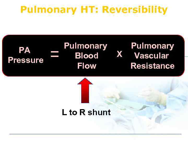 Pulmonary HT: Reversibility PA Pressure Pulmonary Blood Flow L to R shunt X Pulmonary