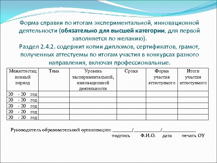 Форма справки по итогам экспериментальной, инновационной деятельности (обязательно для высшей категории, для первой заполняется