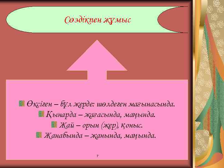 Сөздікпен жұмыс Өксіген – бұл жерде: шөлдеген мағынасында. Қынарда – жағасында, маңында. Жай –