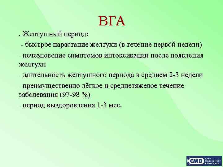 ВГА. Желтушный период: - быстрое нарастание желтухи (в течение первой недели) - исчезновение симптомов