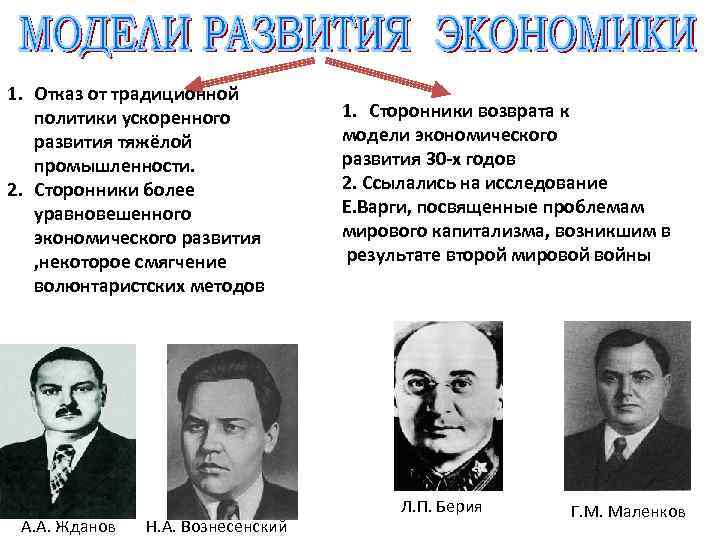 1. Отказ от традиционной политики ускоренного развития тяжёлой промышленности. 2. Сторонники более уравновешенного экономического