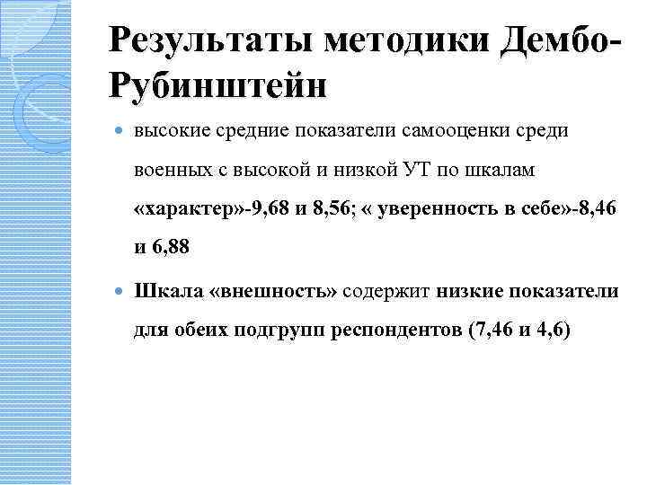 Результаты методики Дембо. Рубинштейн высокие средние показатели самооценки среди военных с высокой и низкой