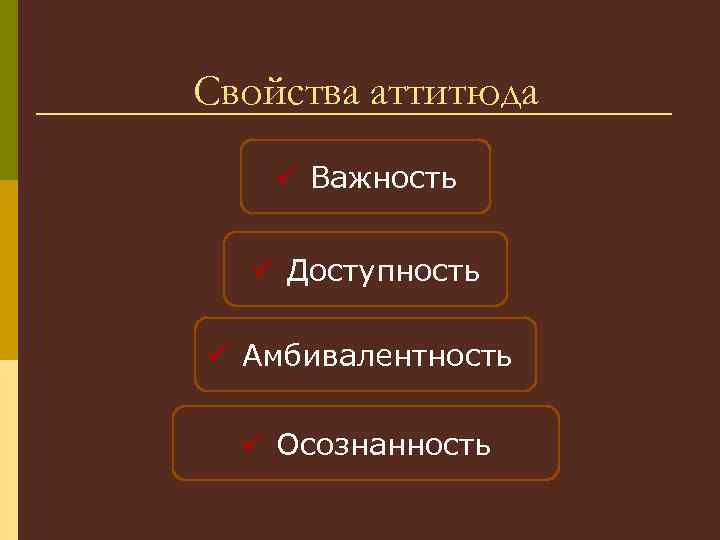 Свойства аттитюда ü Важность ü Доступность ü Амбивалентность ü Осознанность 