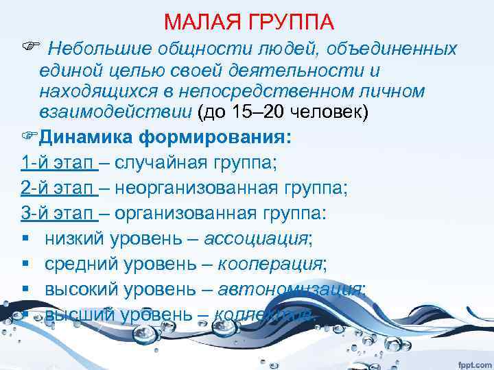 МАЛАЯ ГРУППА F Небольшие общности людей, объединенных единой целью своей деятельности и находящихся в