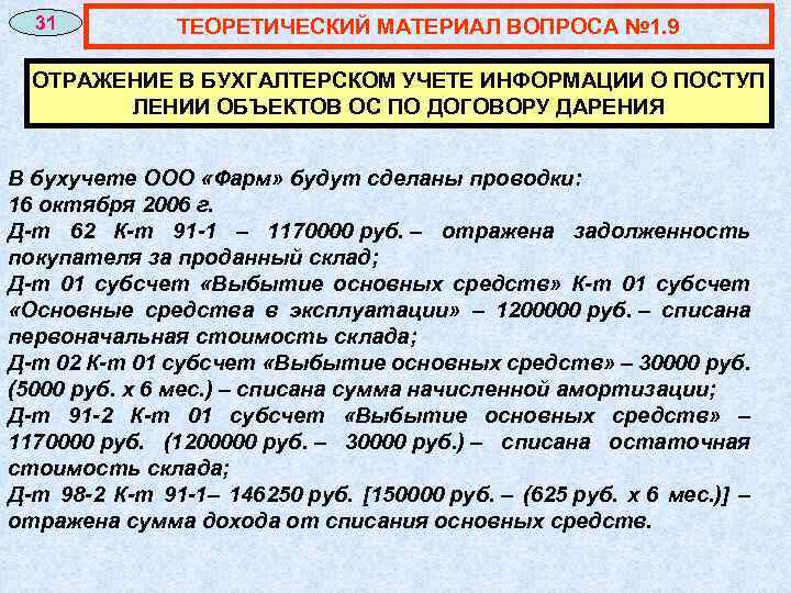 31 ТЕОРЕТИЧЕСКИЙ МАТЕРИАЛ ВОПРОСА № 1. 9 ОТРАЖЕНИЕ В БУХГАЛТЕРСКОМ УЧЕТЕ ИНФОРМАЦИИ О ПОСТУП