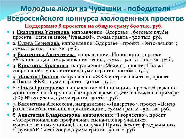 Молодые люди из Чувашии - победители Всероссийского конкурса молодежных проектов Поддержано 8 проектов на
