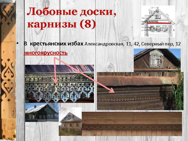 Лобовые доски, карнизы (8) • В крестьянских избах Александровская, 11, 42, Северный пер, 12