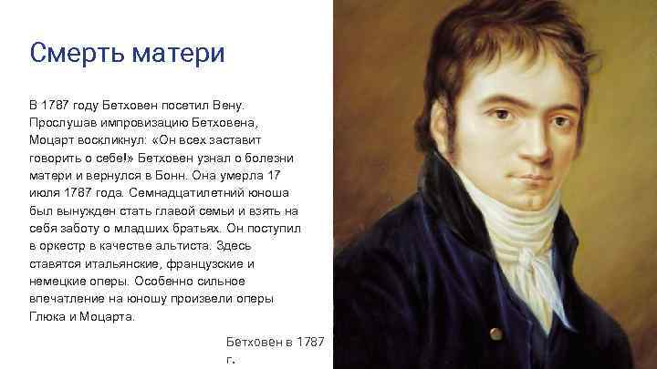 Смерть матери В 1787 году Бетховен посетил Вену. Прослушав импровизацию Бетховена, Моцарт воскликнул: «Он