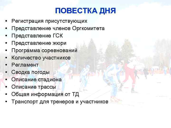 ПОВЕСТКА ДНЯ • • • Регистрация присутствующих Представление членов Оргкомитета Представление ГСК Представление жюри