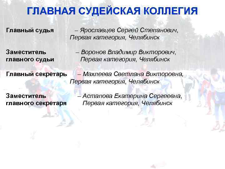 ГЛАВНАЯ СУДЕЙСКАЯ КОЛЛЕГИЯ Главный судья Заместитель главного судьи – Ярославцев Сергей Степанович, Первая категория,