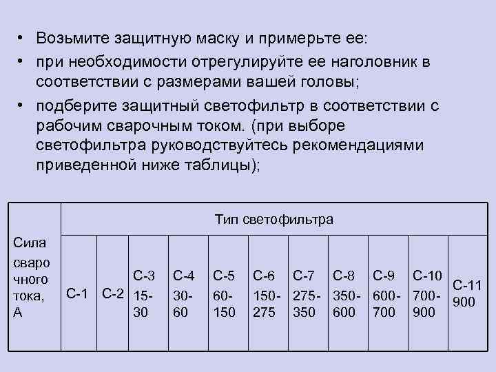  • Возьмите защитную маску и примерьте ее: • при необходимости отрегулируйте ее наголовник