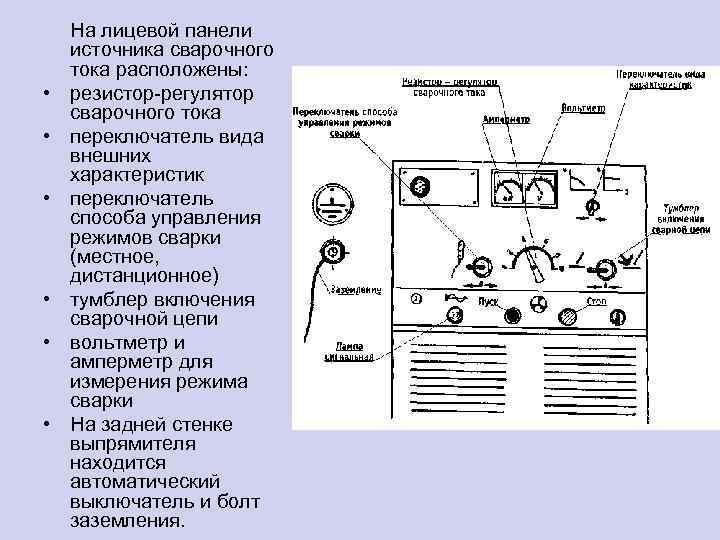  • • • На лицевой панели источника сварочного тока расположены: резистор-регулятор сварочного тока
