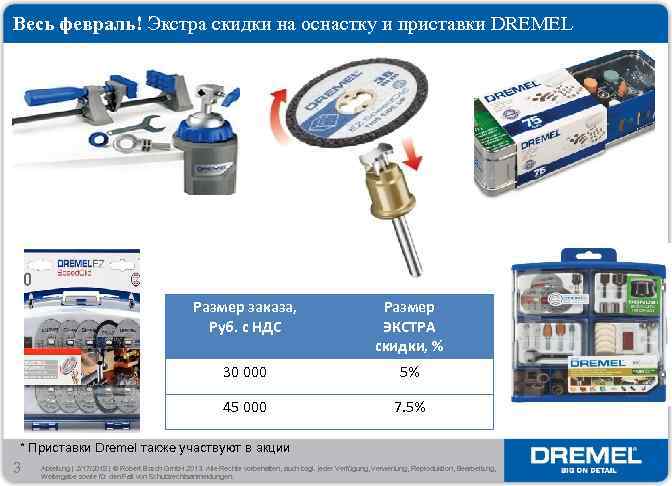 Весь февраль! Экстра скидки на оснастку и приставки DREMEL Размер заказа, Руб. с НДС
