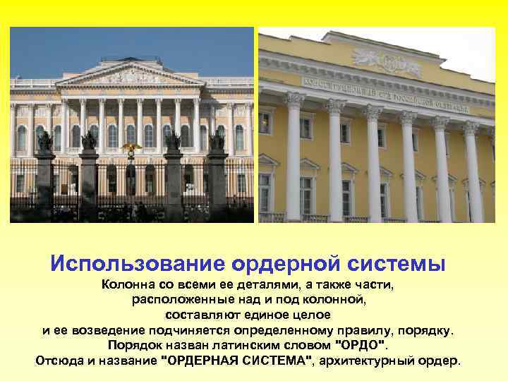 Использование ордерной системы Колонна со всеми ее деталями, а также части, расположенные над и