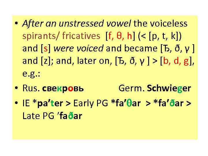  • After an unstressed vowel the voiceless spirants/ fricatives [f, θ, h] (<