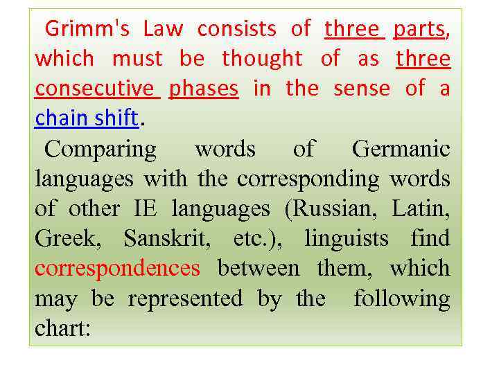 Grimm's Law consists of three parts, which must be thought of as three consecutive