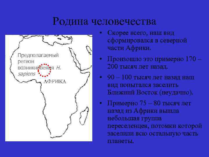 Родина человечества • Скорее всего, наш вид сформировался в северной части Африки. Предполагаемый регион