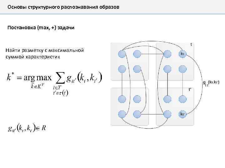 Основы структурного распознавания образов Постановка (max, +) задачи Найти разметку с максимальной суммой характеристик