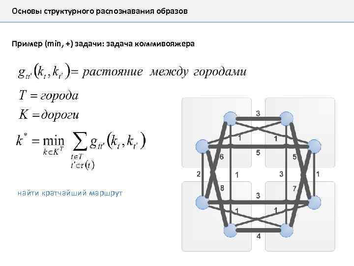 Основы структурного распознавания образов Пример (min, +) задачи: задача коммивояжера найти кратчайший маршрут 