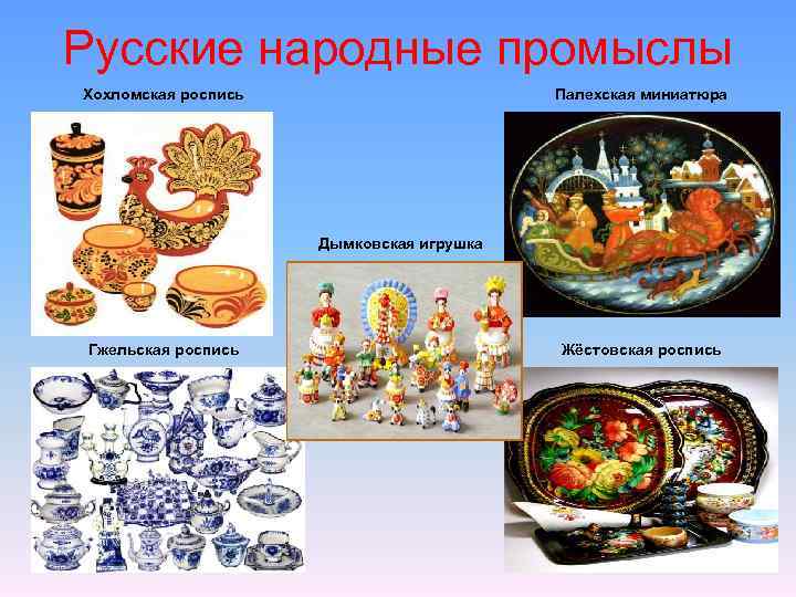 Русские народные промыслы Хохломская роспись Палехская миниатюра Дымковская игрушка Гжельская роспись Жёстовская роспись 