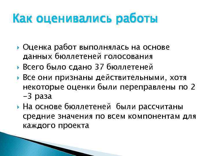 Как оценивались работы Оценка работ выполнялась на основе данных бюллетеней голосования Всего было сдано