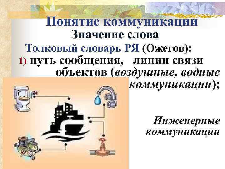 Понятие коммуникации Значение слова Толковый словарь РЯ (Ожегов): 1) путь сообщения, линии связи объектов