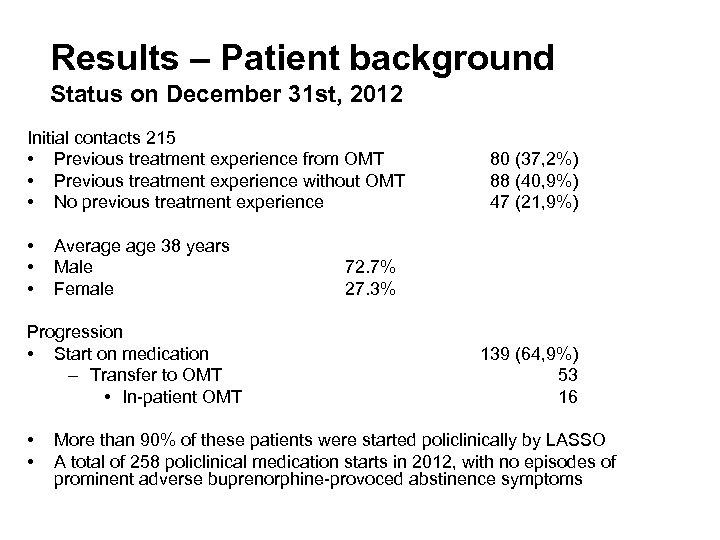 Results – Patient background Status on December 31 st, 2012 Initial contacts 215 •