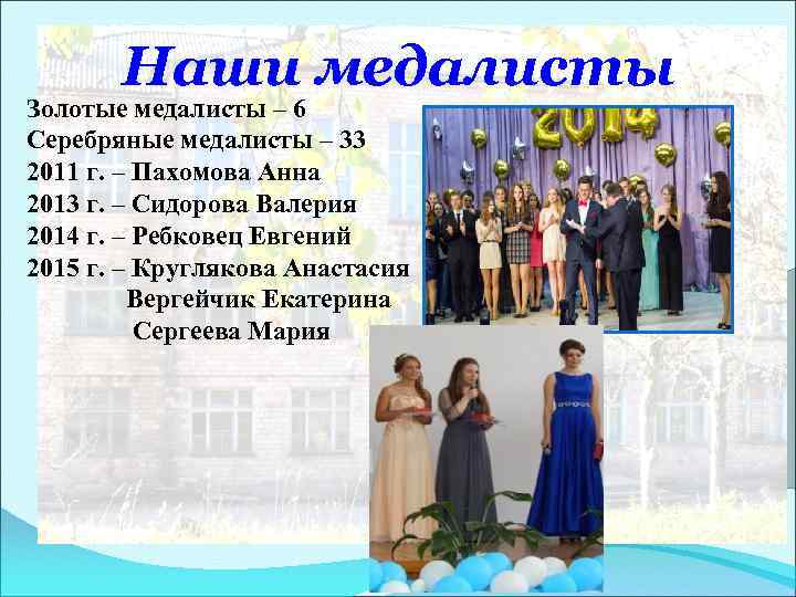 Наши медалисты Золотые медалисты – 6 Серебряные медалисты – 33 2011 г. – Пахомова