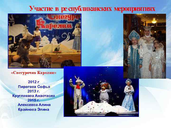 Участие в ре спубликанских мероприятиях «Снегурочка Карелии» 2012 г Пирогова Софья 2013 г. Круглякова