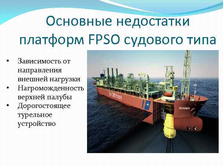 Основные недостатки платформ FPSO судового типа • • • Зависимость от направления внешней нагрузки
