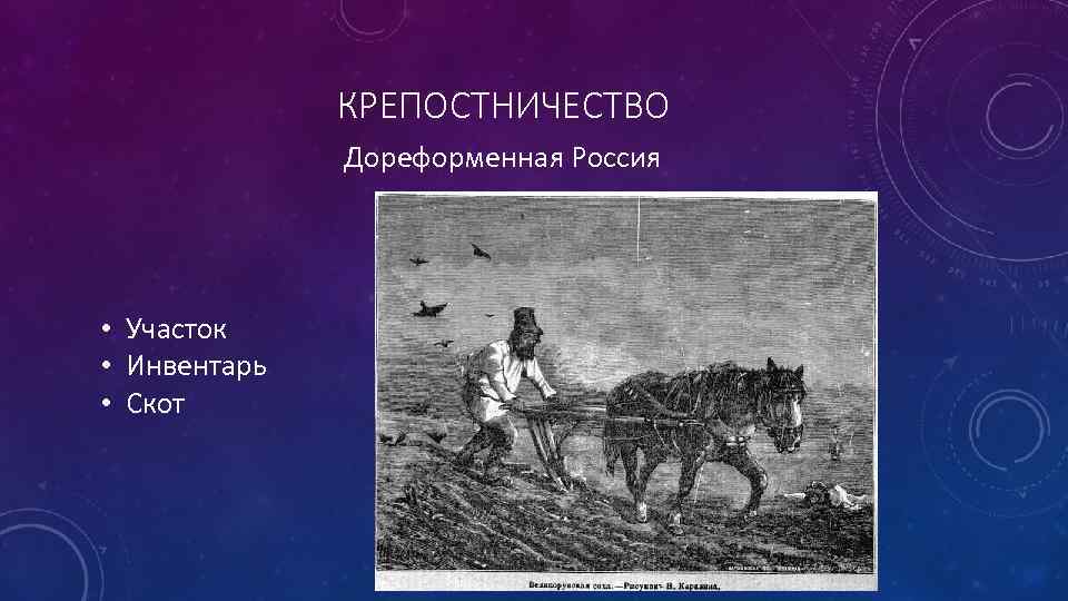 КРЕПОСТНИЧЕСТВО Дореформенная Россия • Участок • Инвентарь • Скот 
