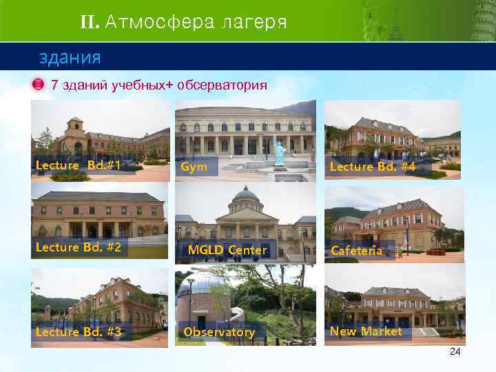 II. Атмосфера лагеря здания 7 зданий учебных+ обсерватория Lecture Bd. #1 Gym Lecture Bd.